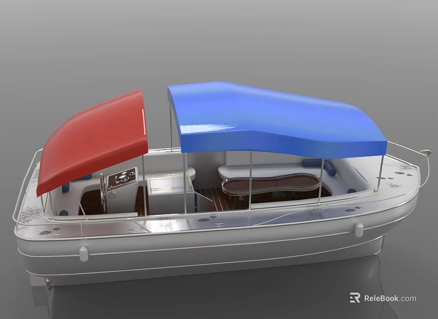 Stylish Recreational Boat Featuring White Hull Red and Blue Canopies with Comfortable Interior Seating 3d model 