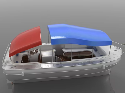 Stylish Recreational Boat Featuring White Hull Red and Blue Canopies with Comfortable Interior Seating 3d model