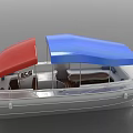 Stylish Recreational Boat Featuring White Hull Red and Blue Canopies with Comfortable Interior Seating