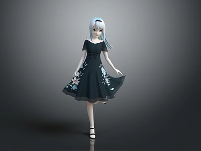 Elegant Game Anime Character With Light Blue Hair And Black Dress Featuring White Floral Patterns 3d model