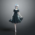 Elegant Game Anime Character With Light Blue Hair And Black Dress Featuring White Floral Patterns