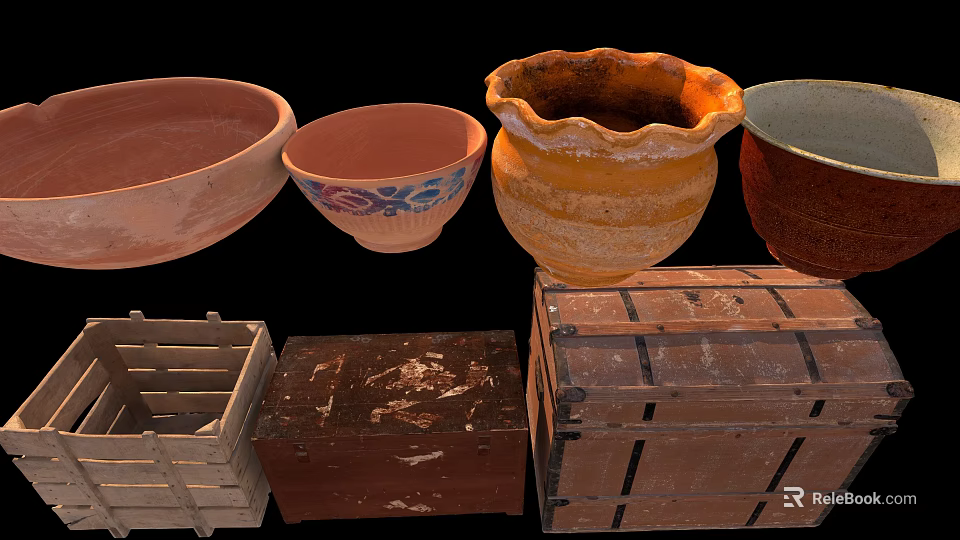 Vintage Ceramic Pots And Rustic Wooden Crates Collection On 3d model 