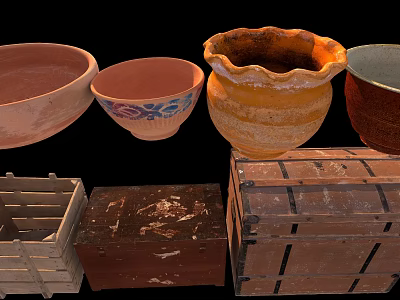Vintage Ceramic Pots And Rustic Wooden Crates Collection On 3d model