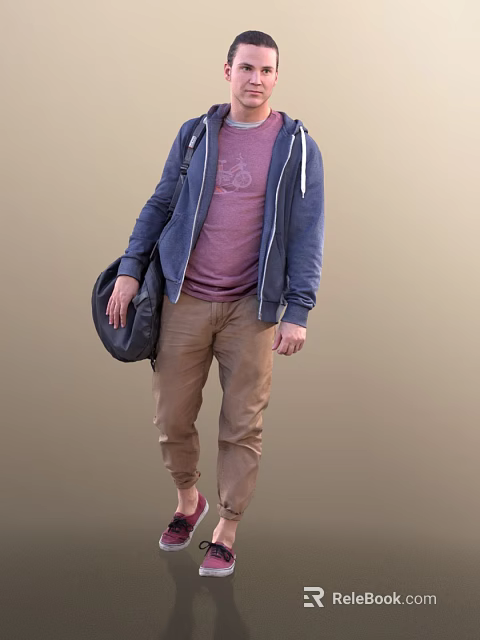 A Man Wearing Blue Hoodie Pink T-shirt And Brown Pants Carrying Black Bag 3d model 
