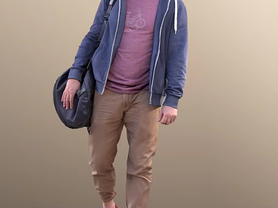 A Man Wearing Blue Hoodie Pink T-shirt And Brown Pants Carrying Black Bag 3d model