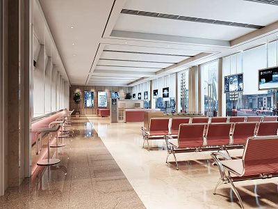 Spacious Service Hall Interior With Red Waiting Chairs Large Windows And Digital Screens 3d model