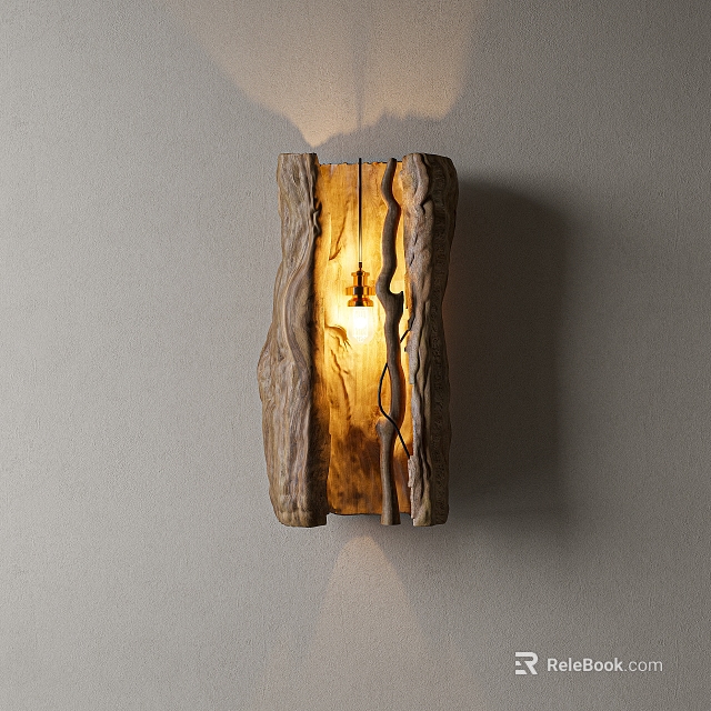 Natural Tree Stump Wooden Wall Lamp Lit Mounted on Light Gray Wall 3d model 