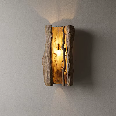 Natural Tree Stump Wooden Wall Lamp Lit Mounted on Light Gray Wall 3d model