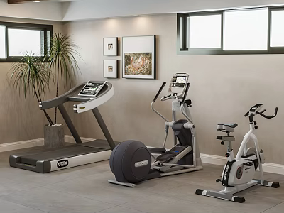 Fitness Equipment Set Including Treadmill Elliptical Trainer and Stationary Bike in Modern Indoor Gym 3d model