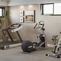 Fitness Equipment Set Including Treadmill Elliptical Trainer and Stationary Bike in Modern Indoor Gym