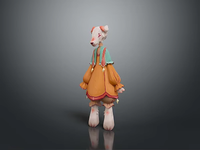 3D Cute Creature Character Wearing Orange Dress With Green Straps White Limbs And Pink Ears 3d model