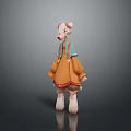 3D Cute Creature Character Wearing Orange Dress With Green Straps White Limbs And Pink Ears