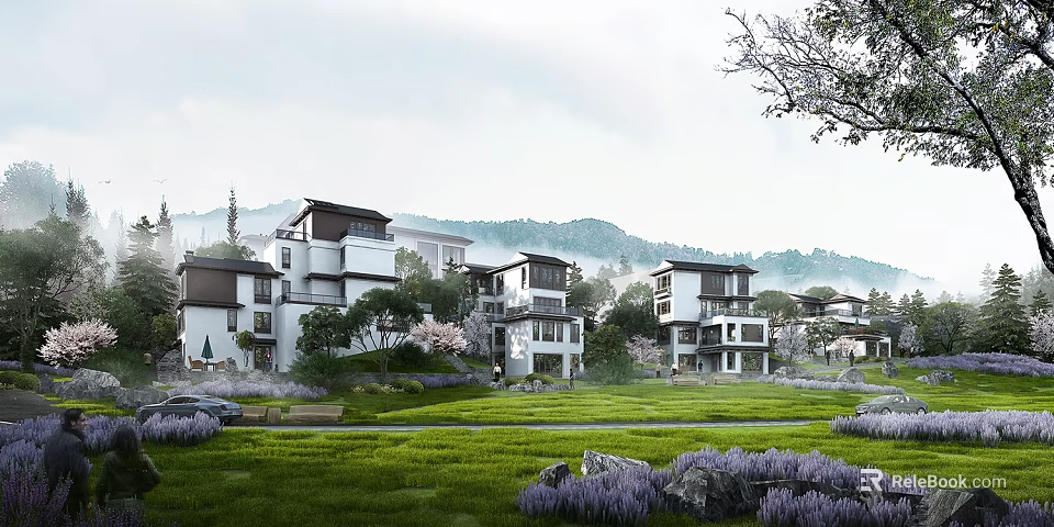 Modern Townhouses In Serene Setting With Lush Greenery Flowers And Mountains 3d model 