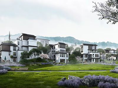 Modern Townhouses In Serene Setting With Lush Greenery Flowers And Mountains 3d model