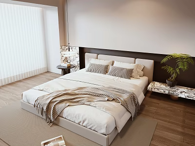 Modern Double Bed With White Bedding Pillows Bedside Tables And Green Plant 3d model
