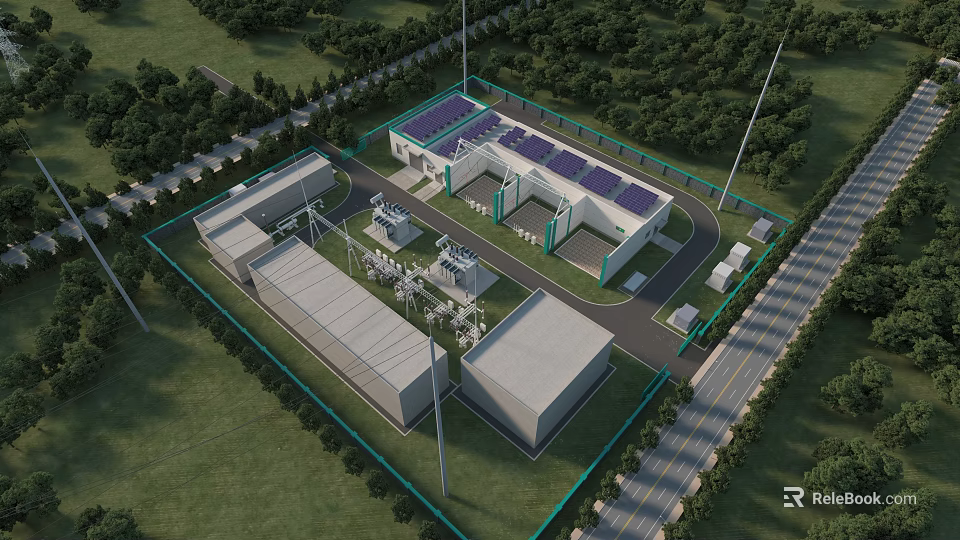 Modern Industrial Plant with Solar Panels on Roof Green Surroundings and Equipment 3d model 
