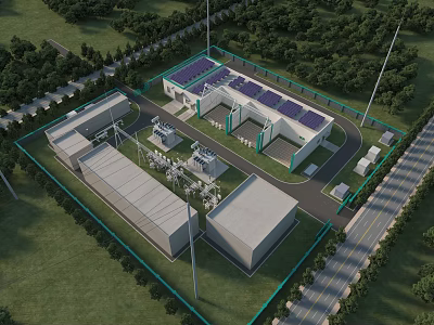 Modern Industrial Plant with Solar Panels on Roof Green Surroundings and Equipment 3d model