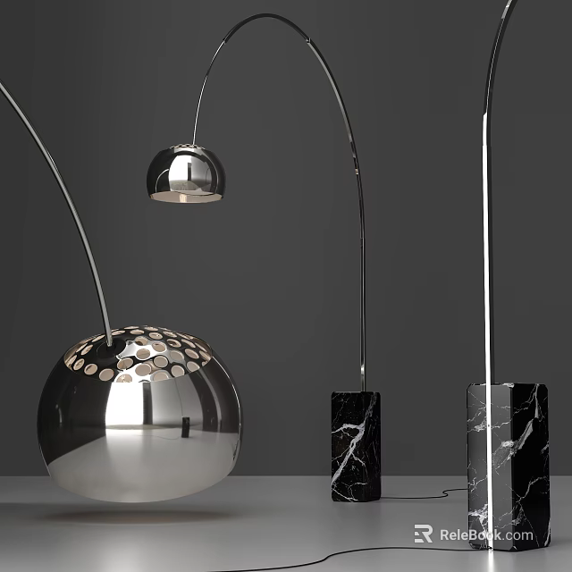 Three Modern Floor Lamps With Silver Metal Spherical Perforated Shade And Black Marble Base 3d model 