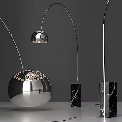 Three Modern Floor Lamps With Silver Metal Spherical Perforated Shade And Black Marble Base 3d model