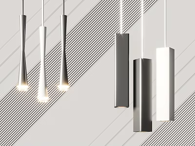 Modern Minimalist Pendant Lights With Silver White Black Cylindrical Conical Shapes And Diagonal Striped Background 3d model