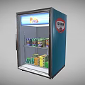 Blue Glass Door Display Refrigerator with Illuminated Top Sign and Inside Canned Boxed Foods