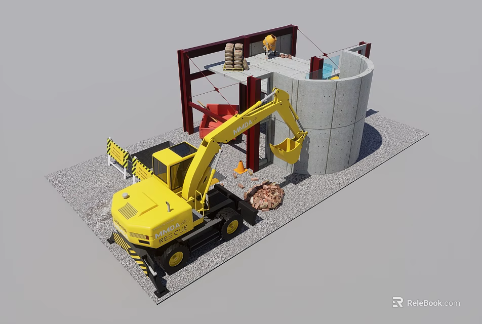 Construction Components Featuring Concrete Cylindrical Structure Metal Frame And Excavator On Site 3d model