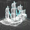 Pirate Sailing Ship with Black Brown Sails Skull Symbols Green Brown Hull on Blue Water