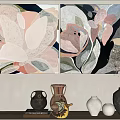 Two Panel Abstract Painting with Pink White Black Gray Flowers and Leaves for Interior Decor