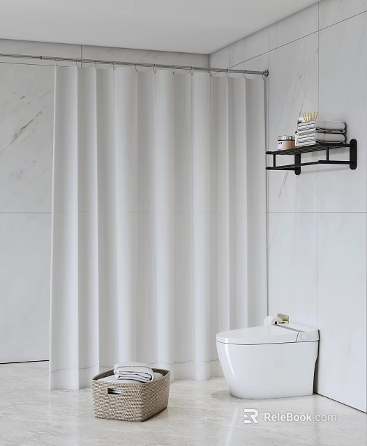 White Fabric Curtain For Modern Bathroom Interior With Wall Shelf And Toilet Against Tile Wall 3d model 
