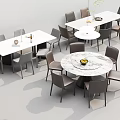 Stylish Dining Table Set With Rectangular Round Marble Top And Gray Chairs And Decorative Items 3d model