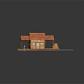 Wooden Train Station Exterior With Red Tile Roof Covered Platform And Railway Tracks