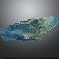 Detailed 3D Terrain Model With Blue Water Green Vegetation And Elevated Landforms