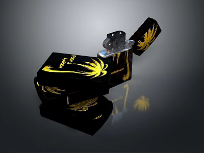 Stylish Zippo Lighter Black Body With Yellow Decorative Patterns Open State And Reflection 3d model