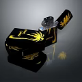 Stylish Zippo Lighter Black Body With Yellow Decorative Patterns Open State And Reflection