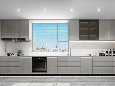 Modern Kitchen Interior With Silver Cabinets Marble Countertop Window And Oven 3d model