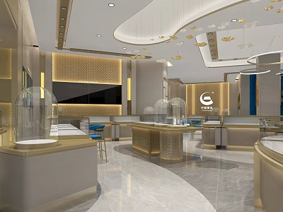 Elegant Jewelry Store Interior Design With Luxury Display Cases Gold Accents And Marble Flooring 3d model