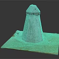 Conical Stone Tower Standing In Green Grass Field With Small Door And Windows