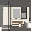 Modern Bathroom Interior Design With Glass Shower Enclosure Freestanding Bathtub And Wooden Vanity