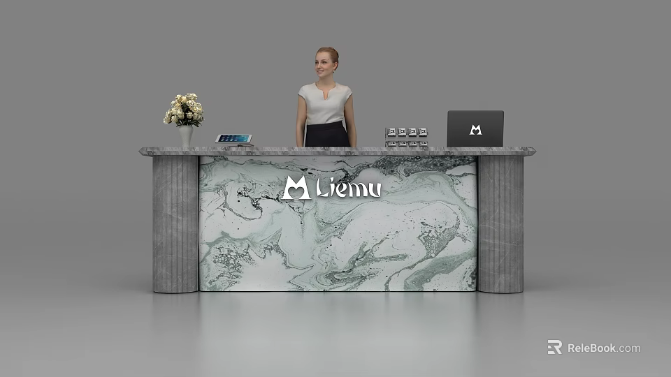 Modern Reception Desk With Marble Texture Lienu Logo Flower Vase Phone Tablet And Receptionist Behind 3d model 