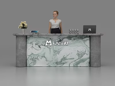 Modern Reception Desk With Marble Texture Lienu Logo Flower Vase Phone Tablet And Receptionist Behind 3d model