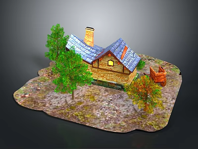 Small House Scene With Blue Roof Chimney Trees And Wooden Fence 3d model