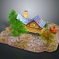 Small House Scene With Blue Roof Chimney Trees And Wooden Fence