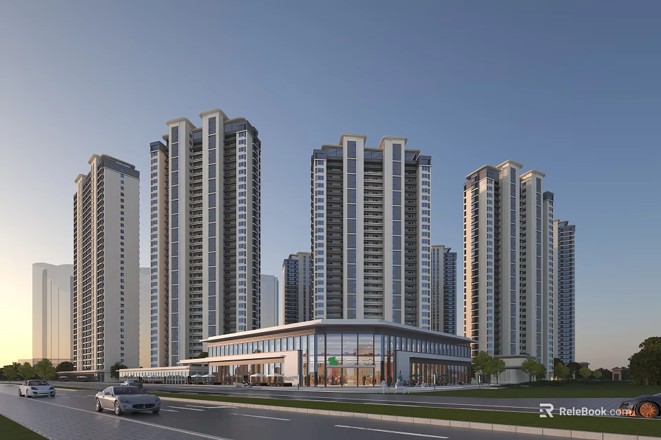 Modern High Rise Residential Buildings With Glass Curtain Walls And Commercial Podium 3d model 