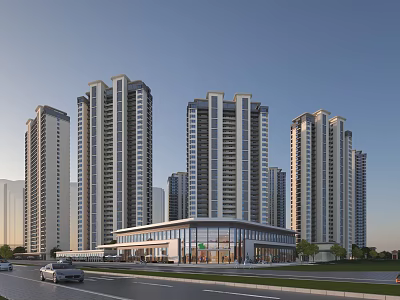 Modern High Rise Residential Buildings With Glass Curtain Walls And Commercial Podium 3d model