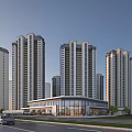 Modern High Rise Residential Buildings With Glass Curtain Walls And Commercial Podium