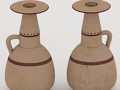 Two Traditional Ceramic Vases With Handles And Red Decorative Stripes 3d model