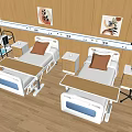 Medical Equipment in Modern Hospital Room Featuring Two Adjustable Beds Bedside Cabinets and Mobile Trolley