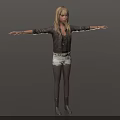 Blonde Woman With Arms Outstretched Wearing Black Jacket White Shorts Gray Boots Against Black Background