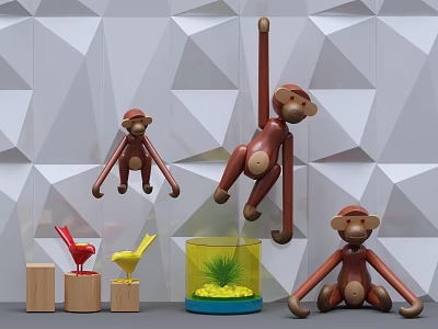 Decorative Ornament Set With Monkey Bird Figurines Glass Container Green Plants On Geometric Wall 3d model