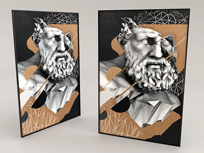 Ancient Greek Style Portrait Painting Featuring Sculptural Bust With Geometric Lines And Abstract Background 3d model